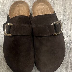 Brown Suede Buckle Clog Mules
